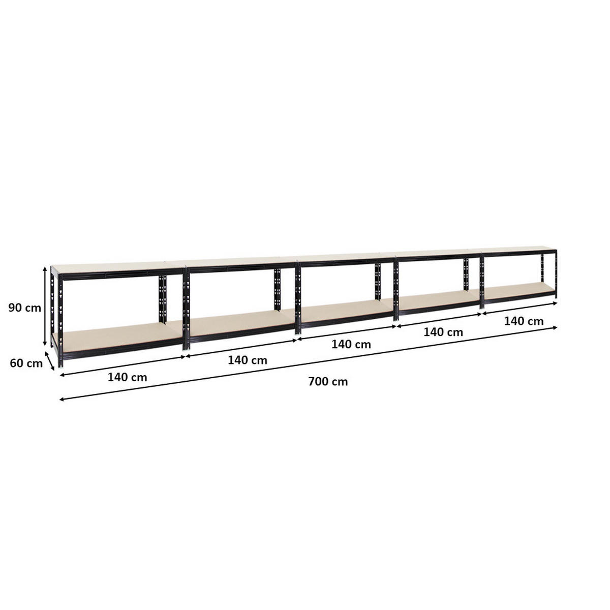WERKBANK Tiger 5er-Set mit 5x 300 kg pro Fachboden 90x140x60 cm Schwarz - Schwarz, Metall (700/90/60cm) - PROREGAL