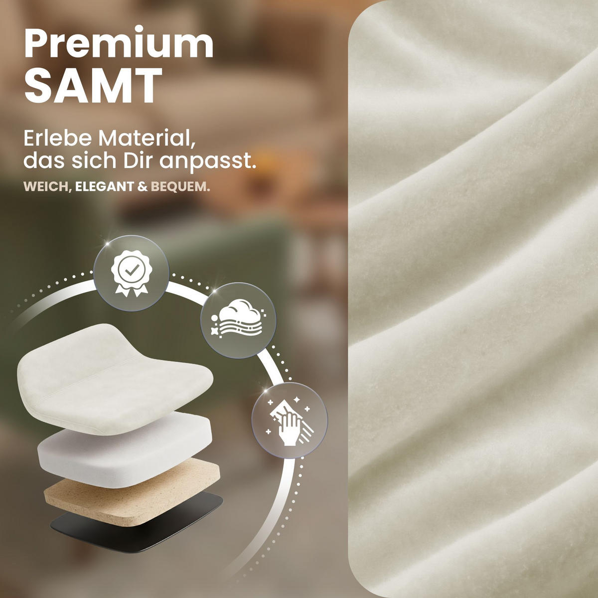 STUHL 4 Samt Cremeweiß - Schwarz/Weiß, Textil/Metall (45/84/55cm) - CLP