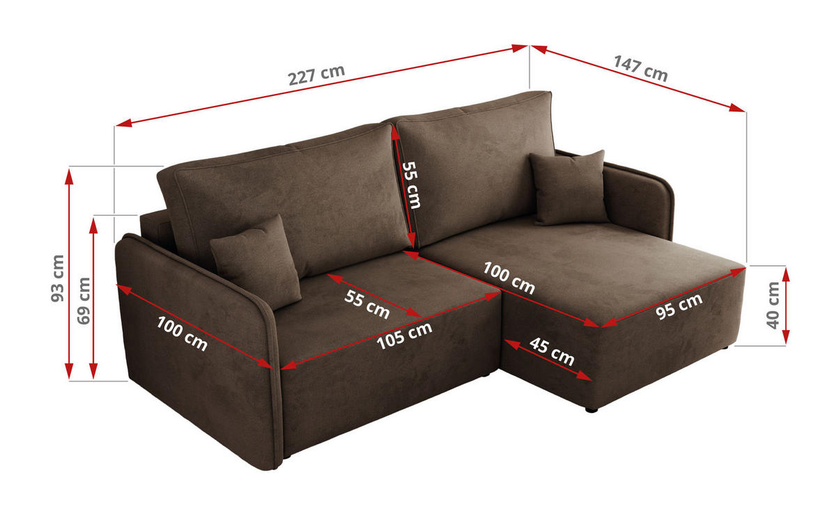 ECKSCHLAFSOFA MESTO L Braun Velvet - links - Schwarz/Braun, Kunststoff/Textil (227/147cm) - MKS