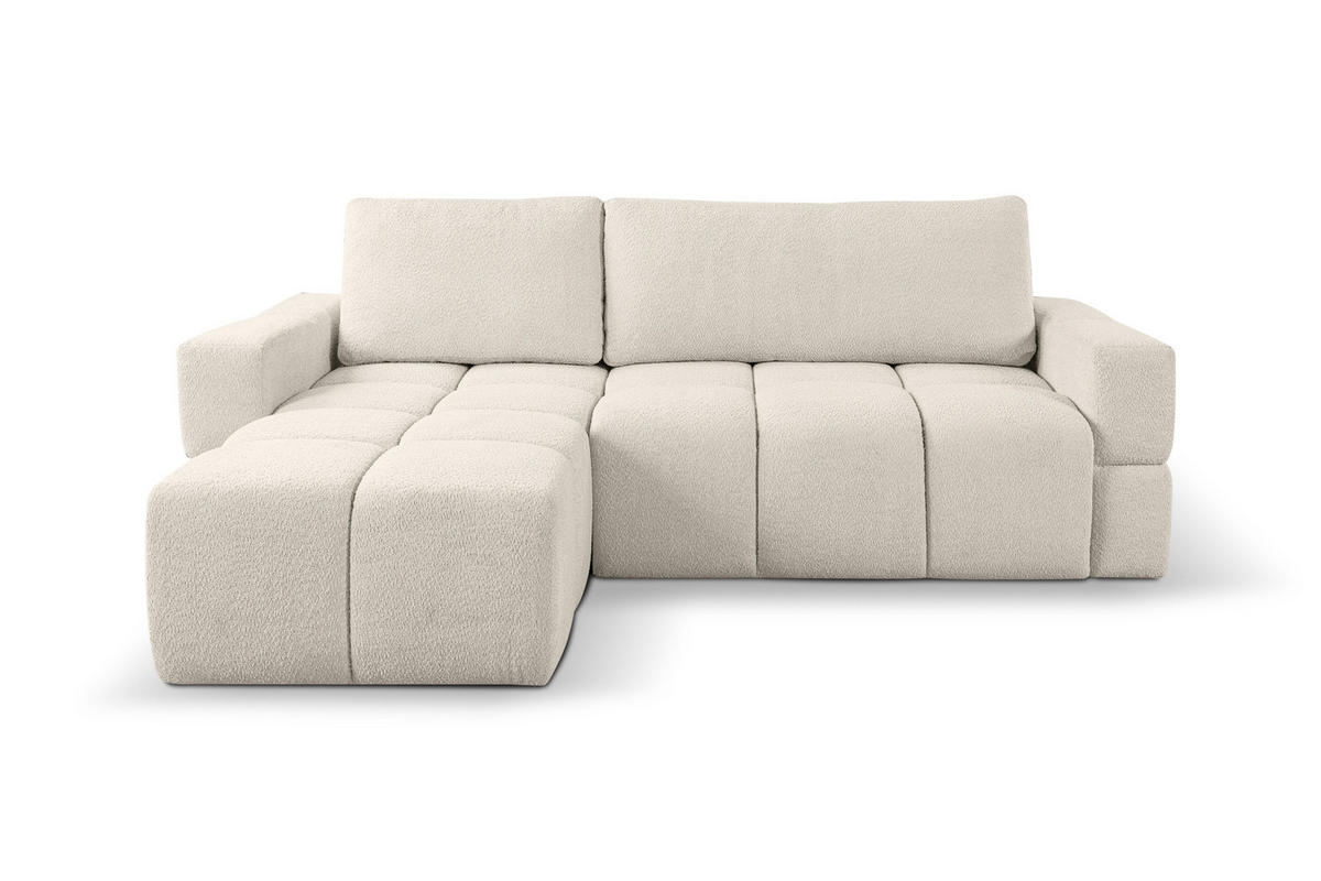 ECKSOFA LUSSO mit Schlaffunktion und Bettkasten, Farbe: Beige, Bouclé-Stoff, Ottomane Universal - Beige, Textil (255/165cm)