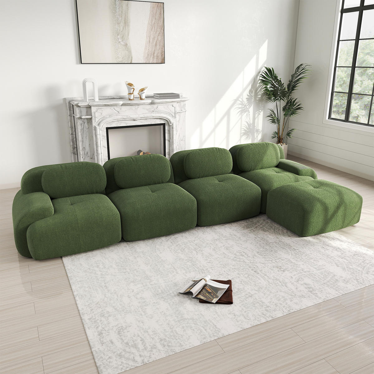 4-SITZER ECKSOFA Cord Grün modular, rutschfest und montagefrei - Grün, Textil (388/103cm) - WISHDOR