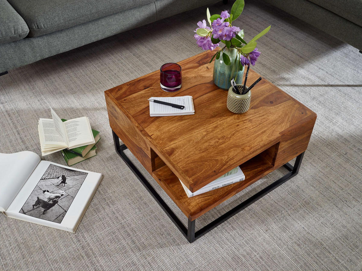 COUCHTISCH in Sheeshamholz mit Staufach, 60x60x34,5 cm, Industrial-Design - Schwarz/Braun, Holz/Metall (60/60/35cm) - KADIMA DESIGN