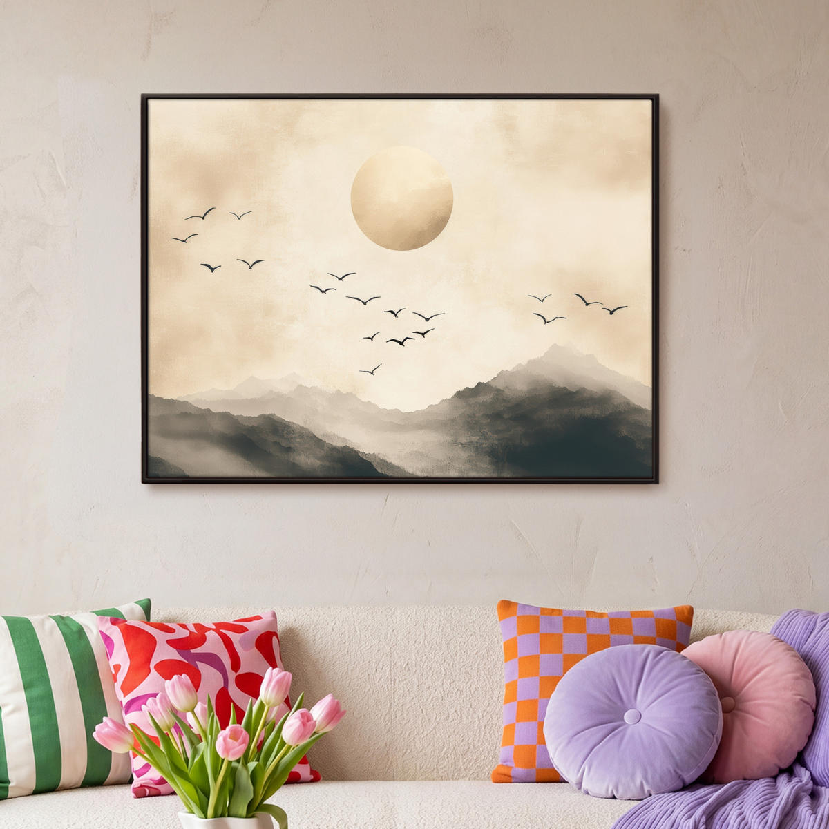 LEINWAND Bilder mit Rahmen - Landschaft - Japandi - Vogel - 100x70 - Beige, Textil (100/70cm) - MuchoWow