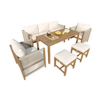 GARTEN-ESSTISCH-SET, 6-teilig, Akazien-Tischplatte, Beige - Beige, Textil - FLIEKS