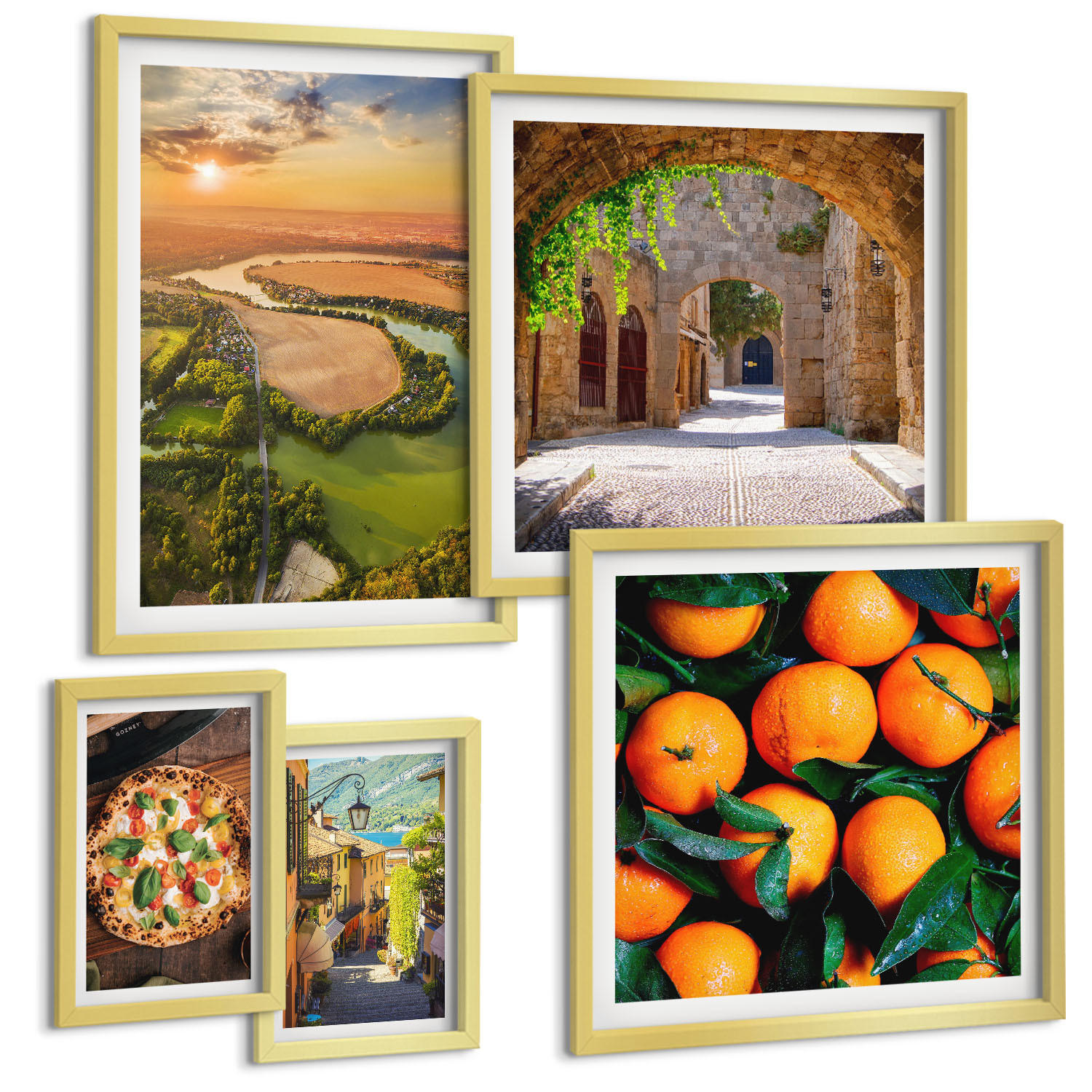 BILDER SET 5er Set - 50x50 cm & 20x30 cm & 40x60 cm Goldrahmen - Charmante Straßen mit Steinen - Goldfarben, Kunststoff (40/60cm) - TULUP