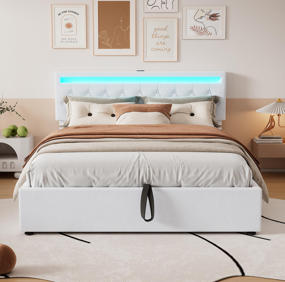 POLSTERBETT 160/200 cm mit Bettkasten, LED-Beleuchtung und USB-C in Weiß - Weiß, Textil (160/200cm) - BEAOK