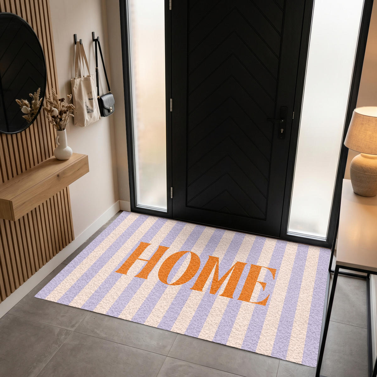 FUSSMATTE Lila – Orange – Streifen – Startseite 180x120 cm - Flieder, Kunststoff (180/0.4cm) - MuchoWow