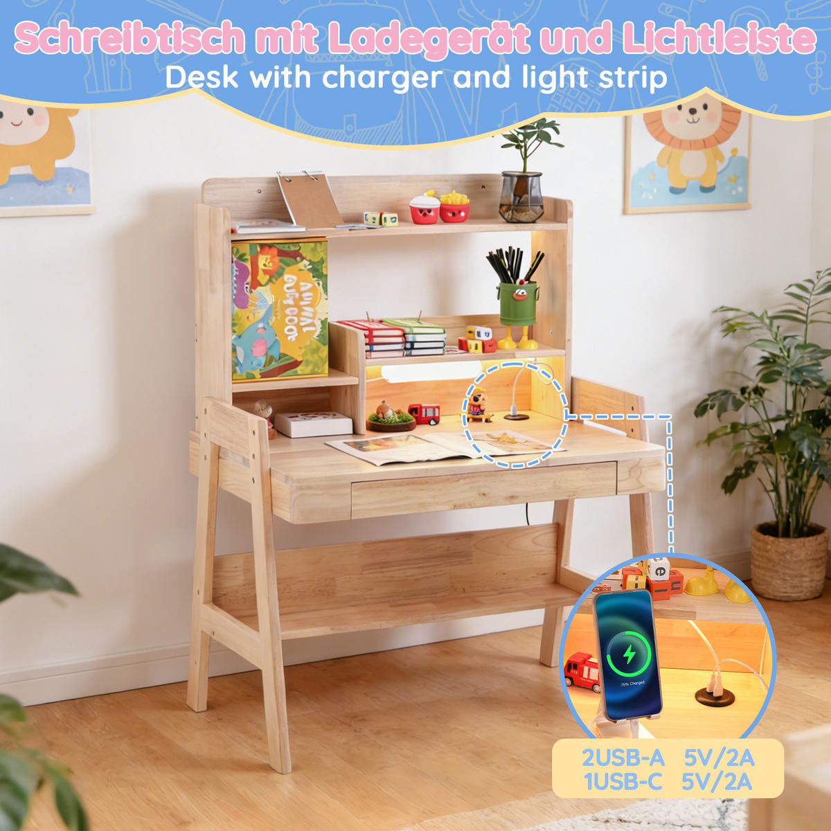 SCHREIBTISCH Naturfarben 84/60/127,5 cm mit LED-Lichtleiste und USB-Anschluss - Naturfarben, Holz (60/84/127.5cm) - PANGIVO