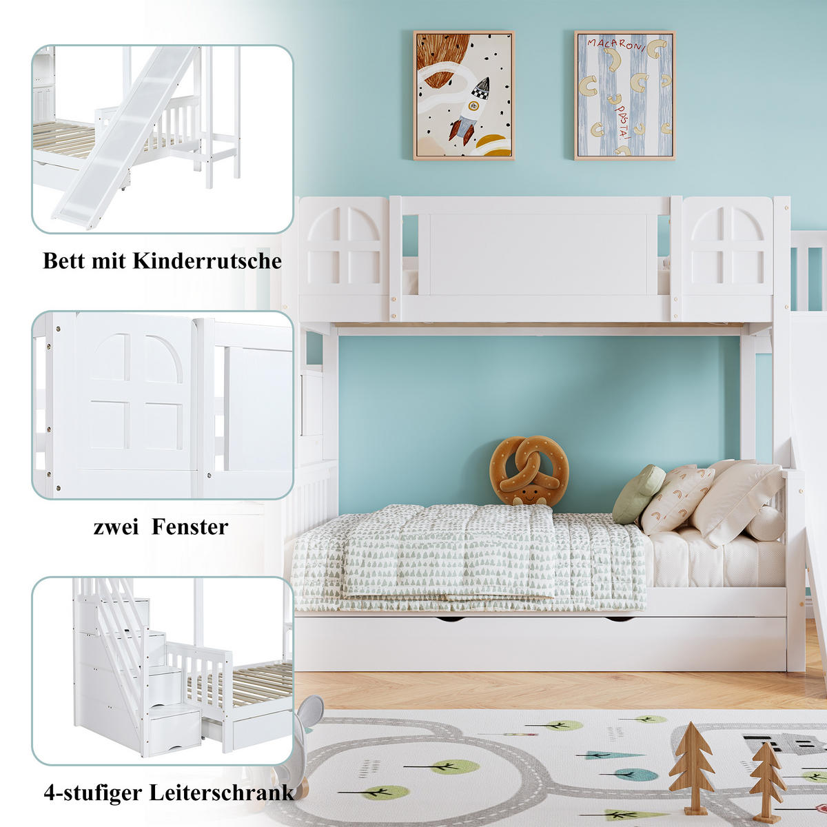 ETAGENBETT 90x200 cm Rutsche Treppe Stauraum - Weiß, Holz (90/200cm) - LEBENLANG