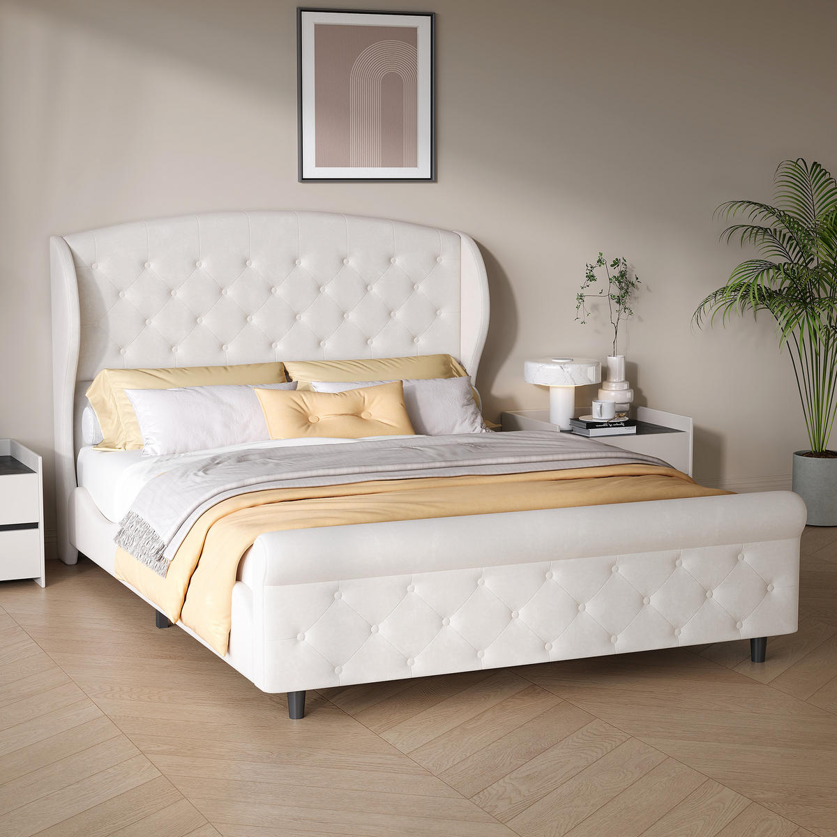 POLSTERBETT 140x200 cm Samt Beige, Doppelbett mit gepolstertem Kopfteil, Lattenrost - Beige, Metall (140/200cm) - EuroLiving