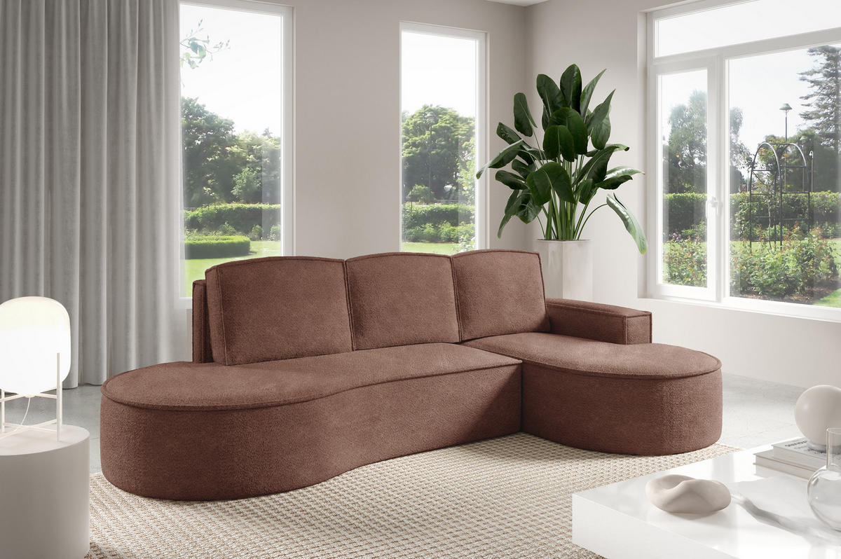 ECKSOFA MOLLY mit Schlaffunktion – Halbrund, freistehend, Liegefläche 140x207 cm, 3 Kissen, Curio-Stoff, 277x157x88 cm, Rechts, Braun - Braun, Holz/Textil (277/157cm) - DomoHome