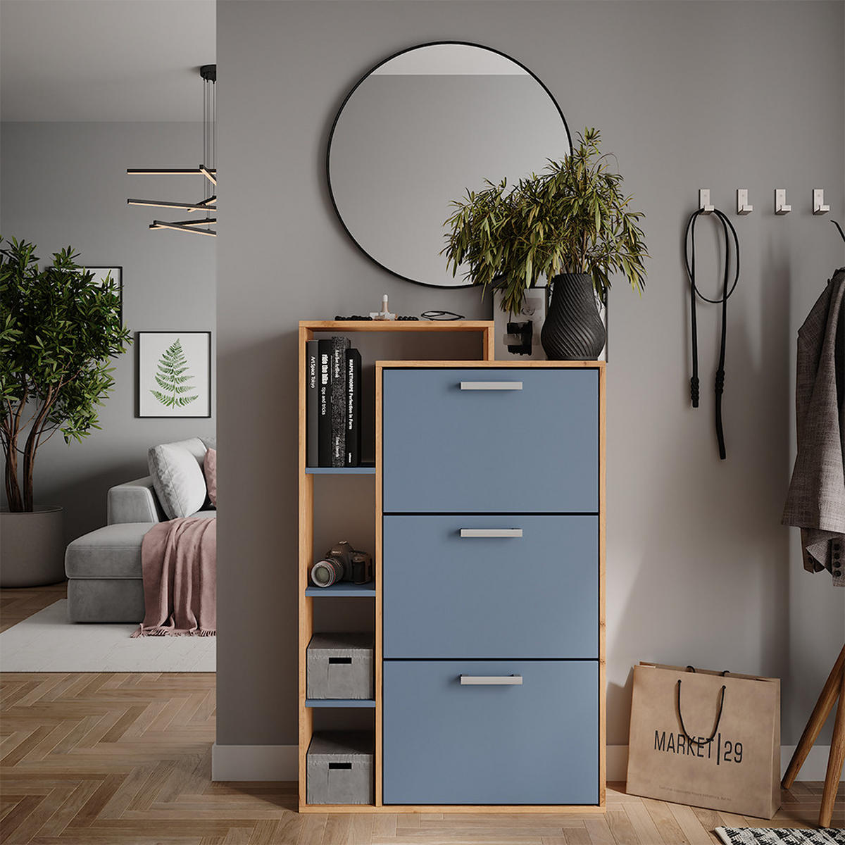 SCHUHKIPPER Orlando Goldkraft Eiche/Blau 80 x 128.3 cm mit 3 Fächern - Eiche Wotan, Holzwerkstoff (80/128.3/24.2cm) - Vicco