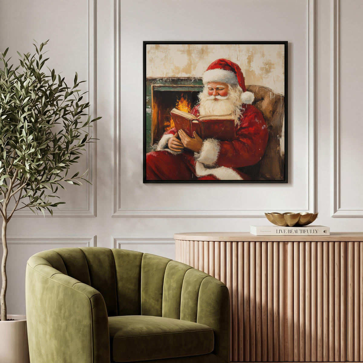 LEINWAND Bilder mit Rahmen - Weihnachten - Weihnachtsmann - Winter - Open Fireside - 50x50 - Dunkelrot, Textil (50/50cm) - MuchoWow
