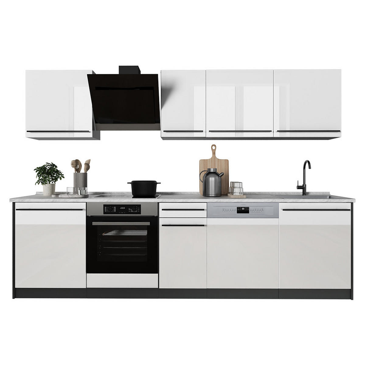 KÜCHENZEILE R-Line, Weiß Hochglanz/Anthrazit, 280 cm ohne Arbeitsplatte - Weiß Hochglanz/Anthrazit, Holzwerkstoff (280/206.8/46cm) - Vicco