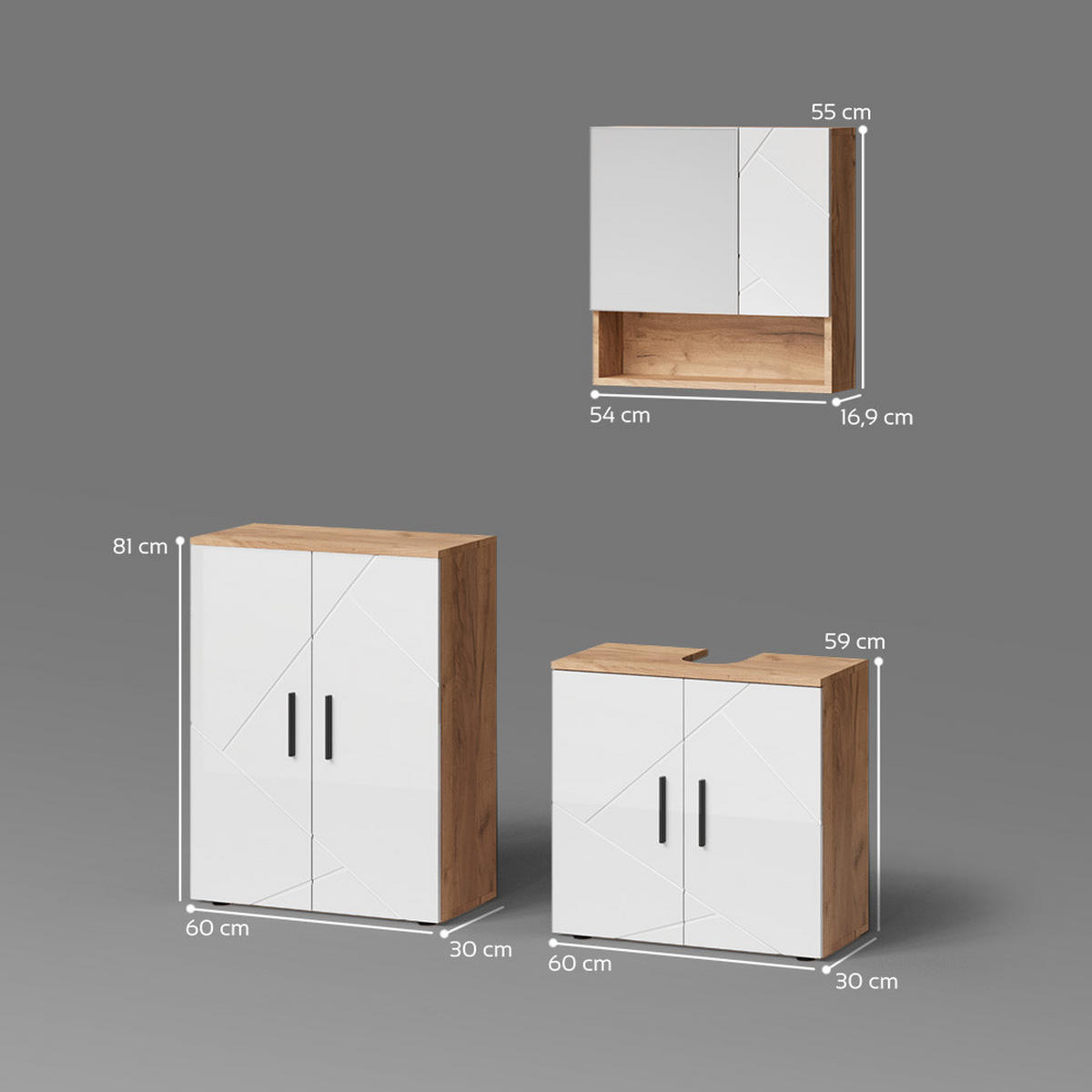 BADMÖBEL-SET Ronco Weiß Hochglanz/Goldkraft Eiche 3 Teile, mit Unterschrank 60 cm - Weiß Hochglanz/Eiche Wotan, Holzwerkstoff (60/59/30cm) - Livinity®