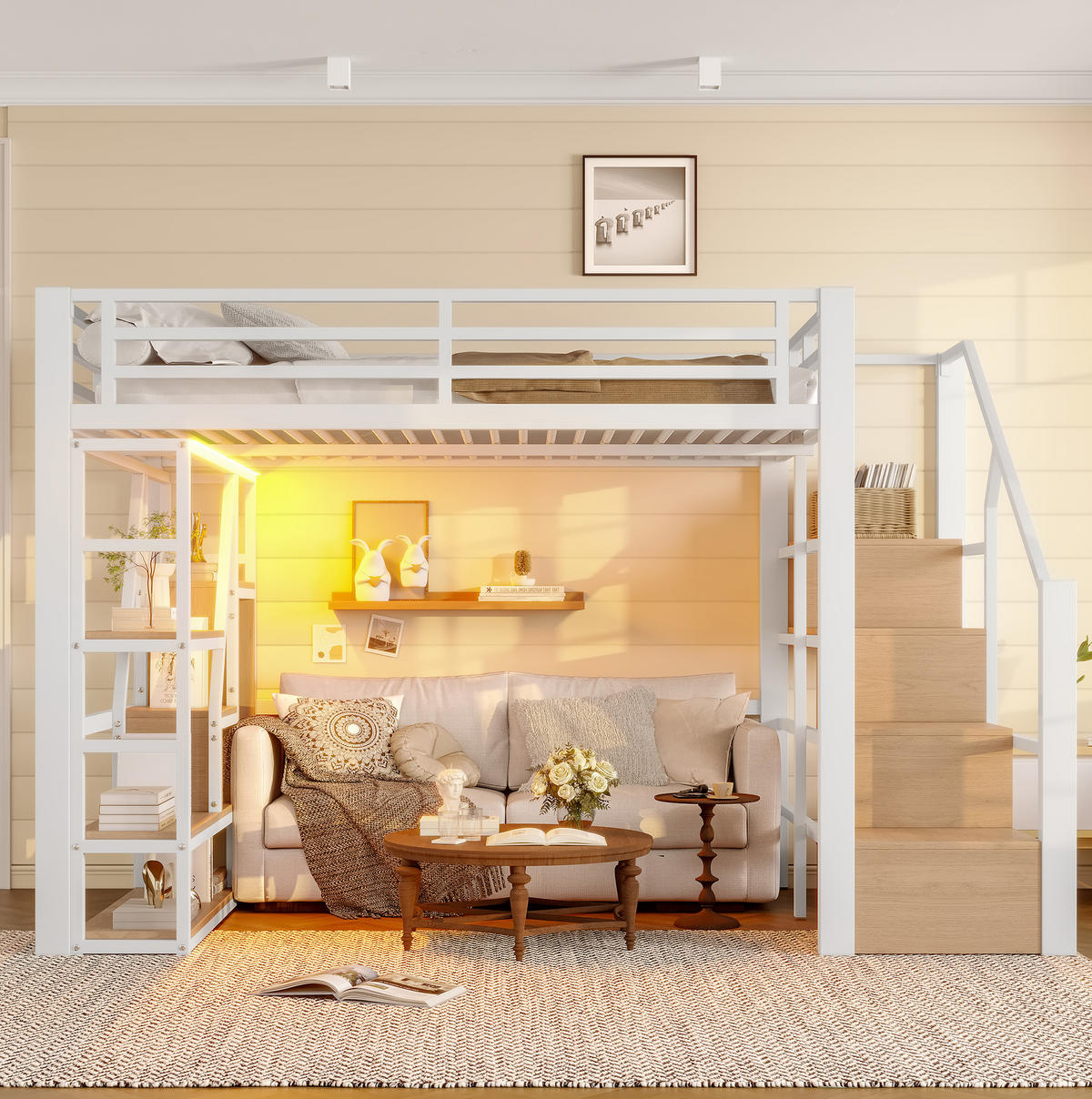 VYSOKÁ posteľ 140/200 cm biela z MDF a kovu s LED osvetlením a úložnými schodíkmi - biela, kompozitné drevo (140/200cm) - OKWISH