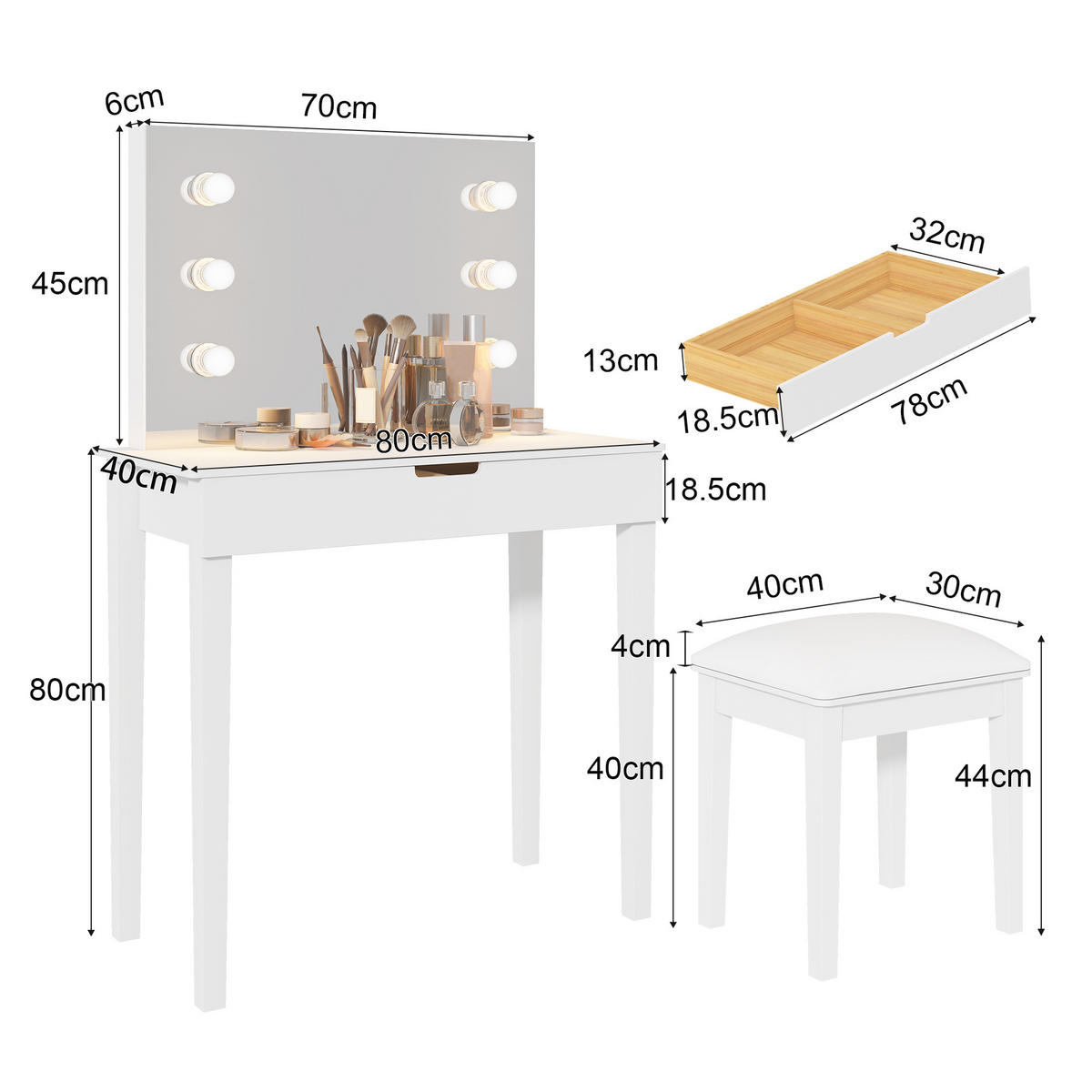SCHMINKTISCH 100/40/75 cm weiß mit 6 LED-Leuchten höhenverstellbar - Weiß, Holzwerkstoff (125/40/80cm) - OKWISH