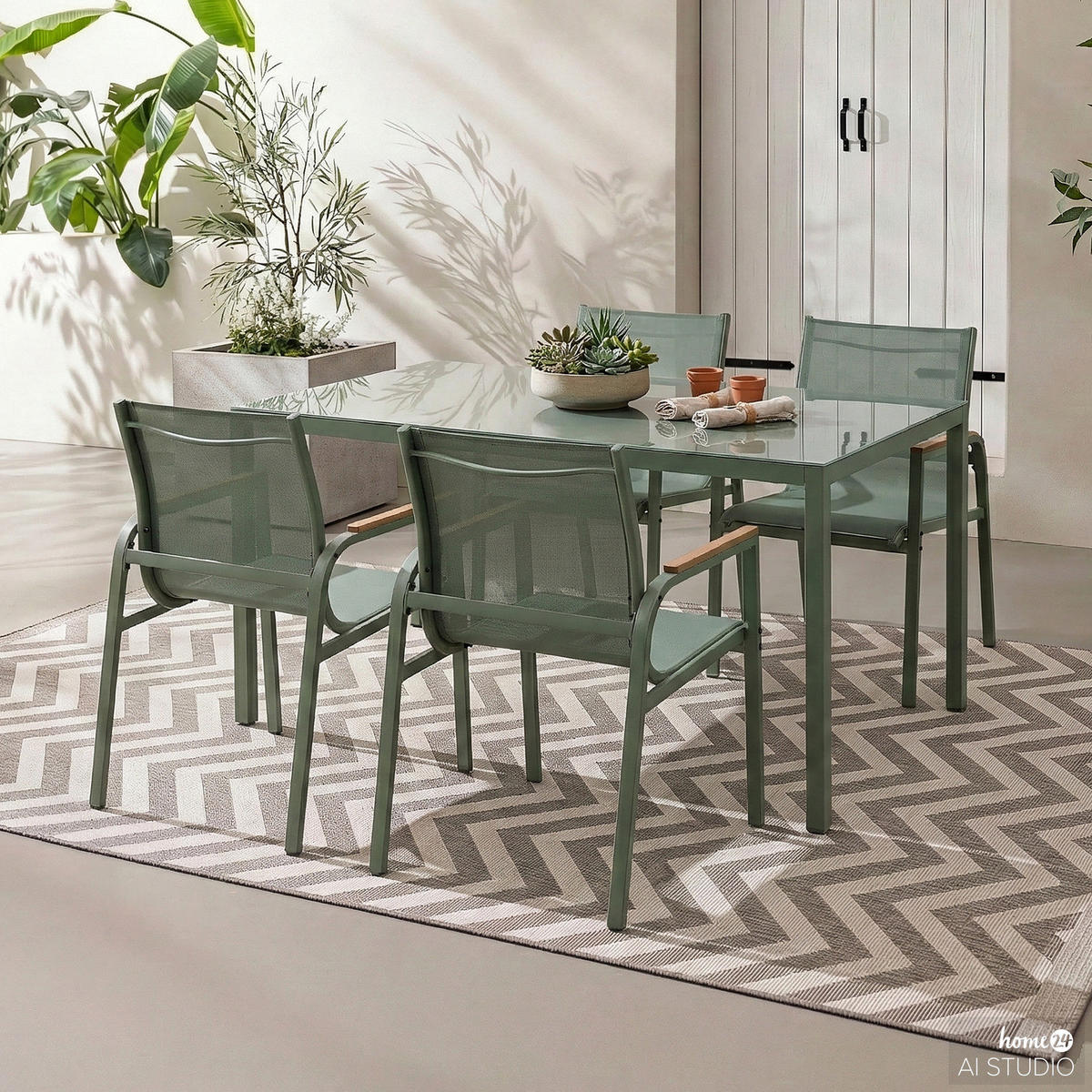 GARTENESSGRUPPE - 5-teilig - Stahl / Glas / Olefin - Salbeigrün, Glas/Textil - home24