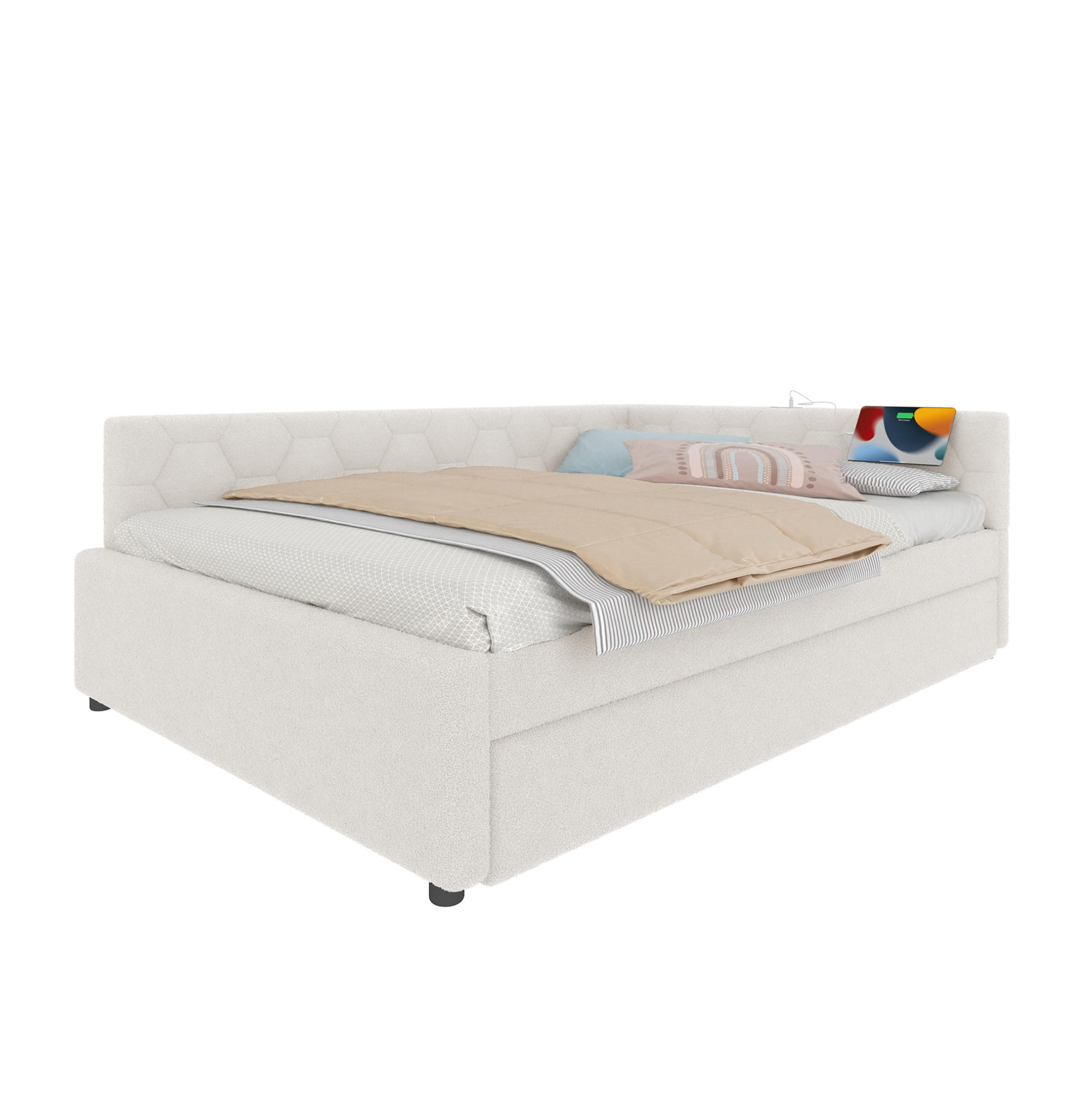 TAGESBETT 140/200 cm mit Ausziehbett, USB- und USB-C-Anschluss, Nachttischlampe und Vliesimitat, Weiß - Weiß, Textil (140/200cm) - Redom