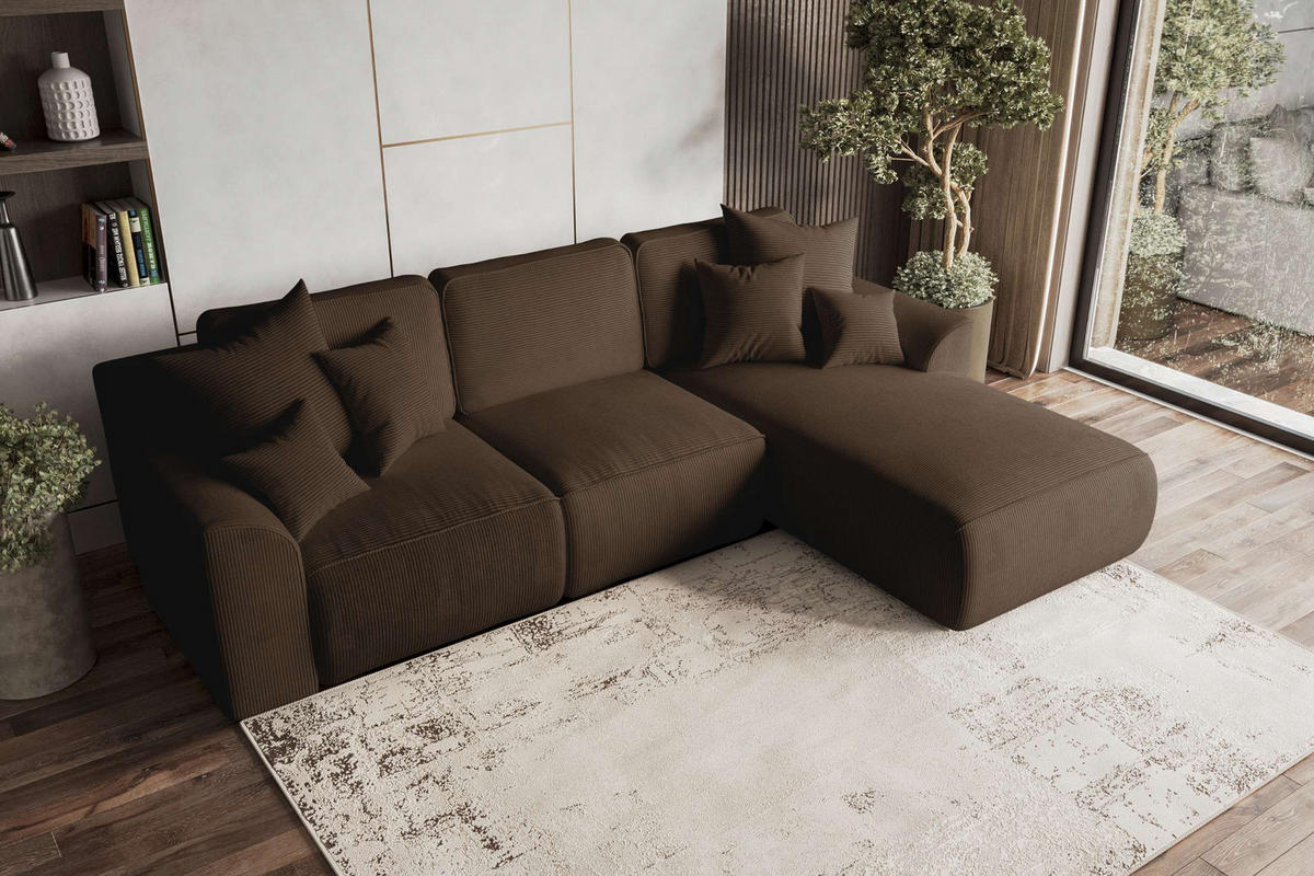 ECKSOFA GUSTO Cordstoff Braun Rechts inkl. Schlaffunktion - Chromfarben/Braun, Kunststoff/Textil (295/194cm) - 99rooms