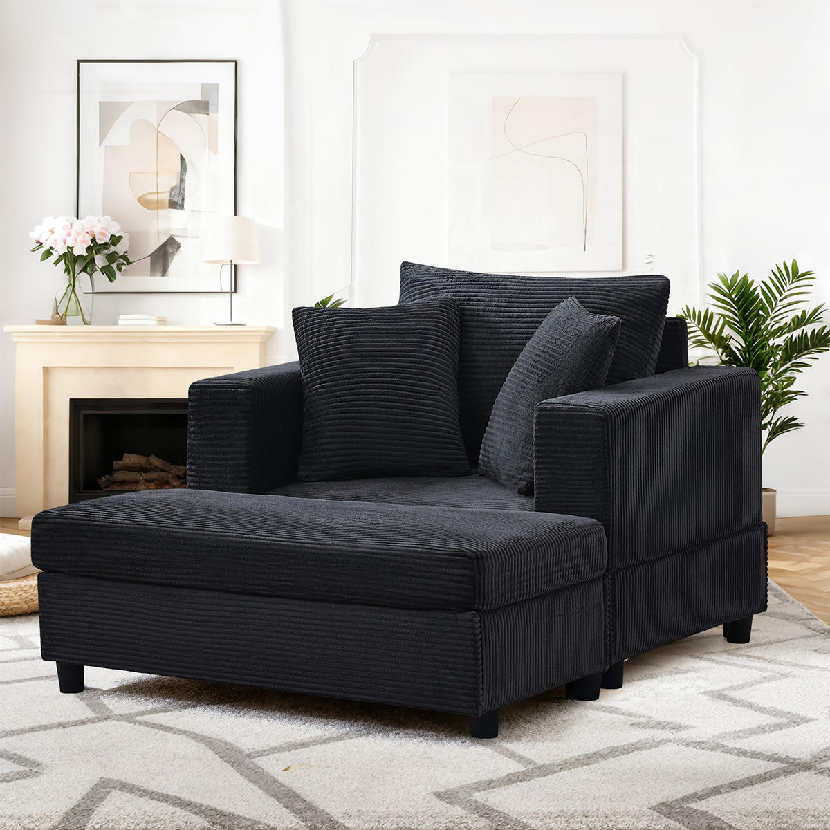 SOFA Cord Schwarz mit Stauraum und mit Kissen - Schwarz, Holzwerkstoff/Kunststoff (137.5/89/81cm) - WISHDOR