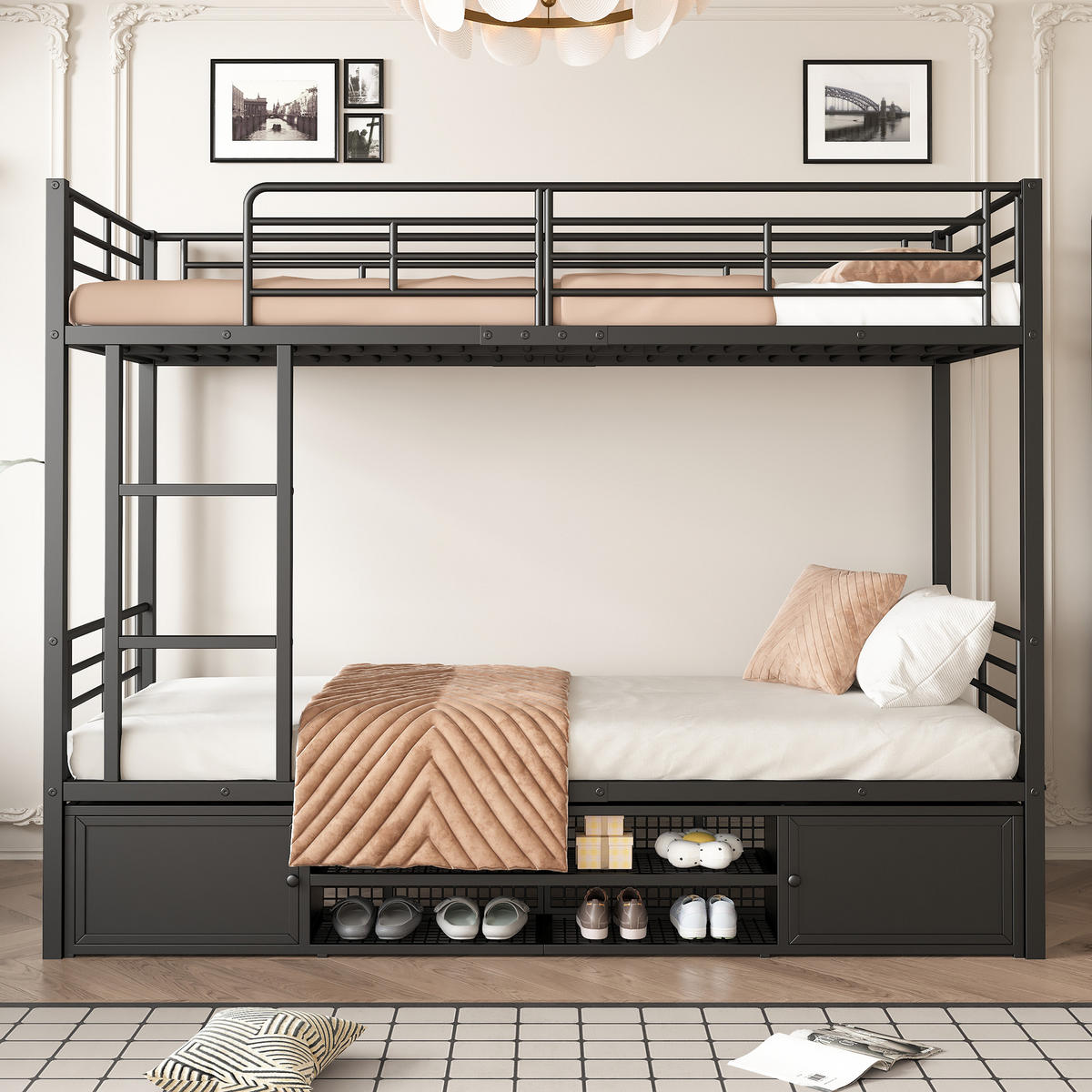 ETAGENBETT 90/200 cm & 90/200 cm in Schwarz mit Schuhregal, 2 Schränken und Leiter Metall - Schwarz, Metall (90/200cm) - STILVORA