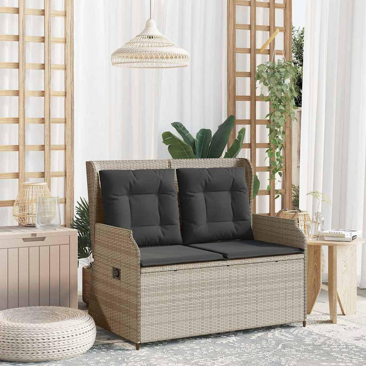 GARTENBANK Verstellbar mit Kissen Hellgrau Poly Rattan - Grau, Kunststoff (95/95/110cm)