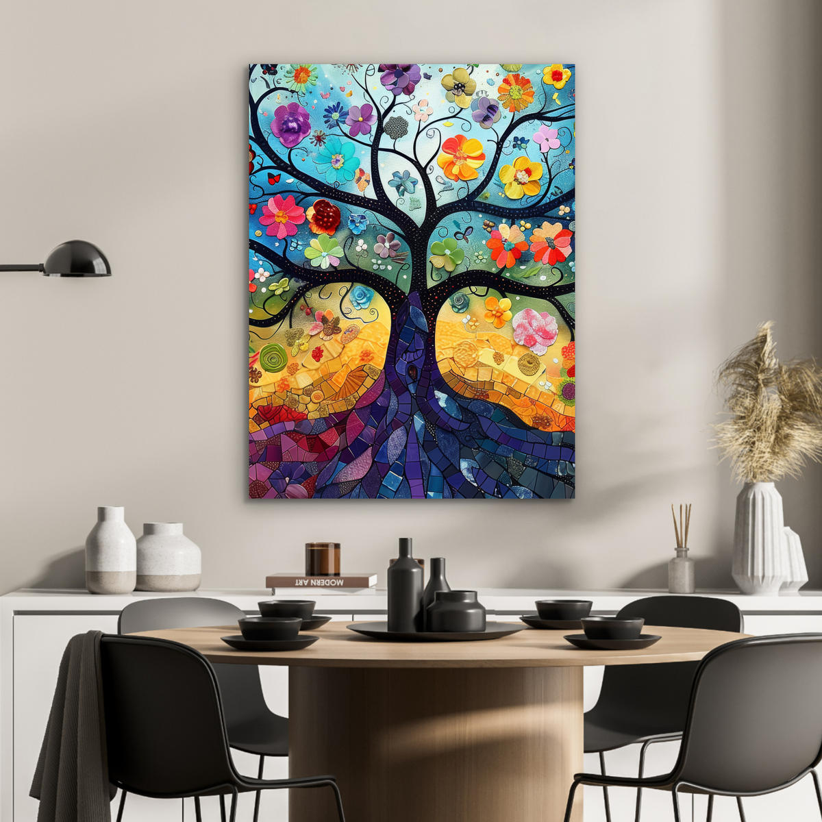 KOVOVÝ OBRAZ Umenie - Strom života - Kvety - Hippie 60x80 cm - tmavomodrá, kov (60/80cm) - MuchoWow
