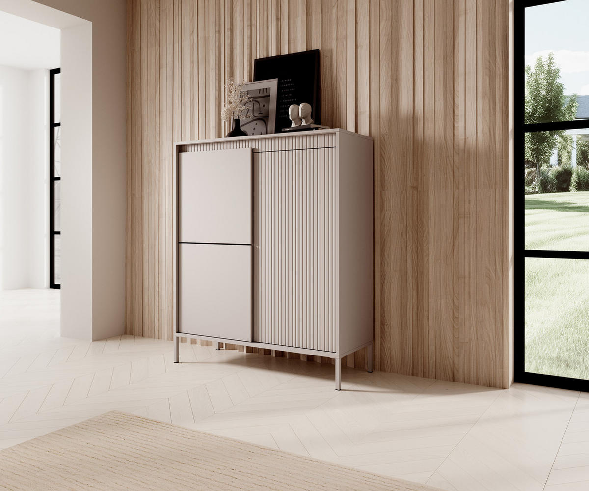 HIGHBOARD Trentinis 3T Beige 103,5/123,4/39,5 cm – Geriffelten Fronten - Beige, Holzwerkstoff/Metall (103.5/123.4/39.5cm) - AX Living