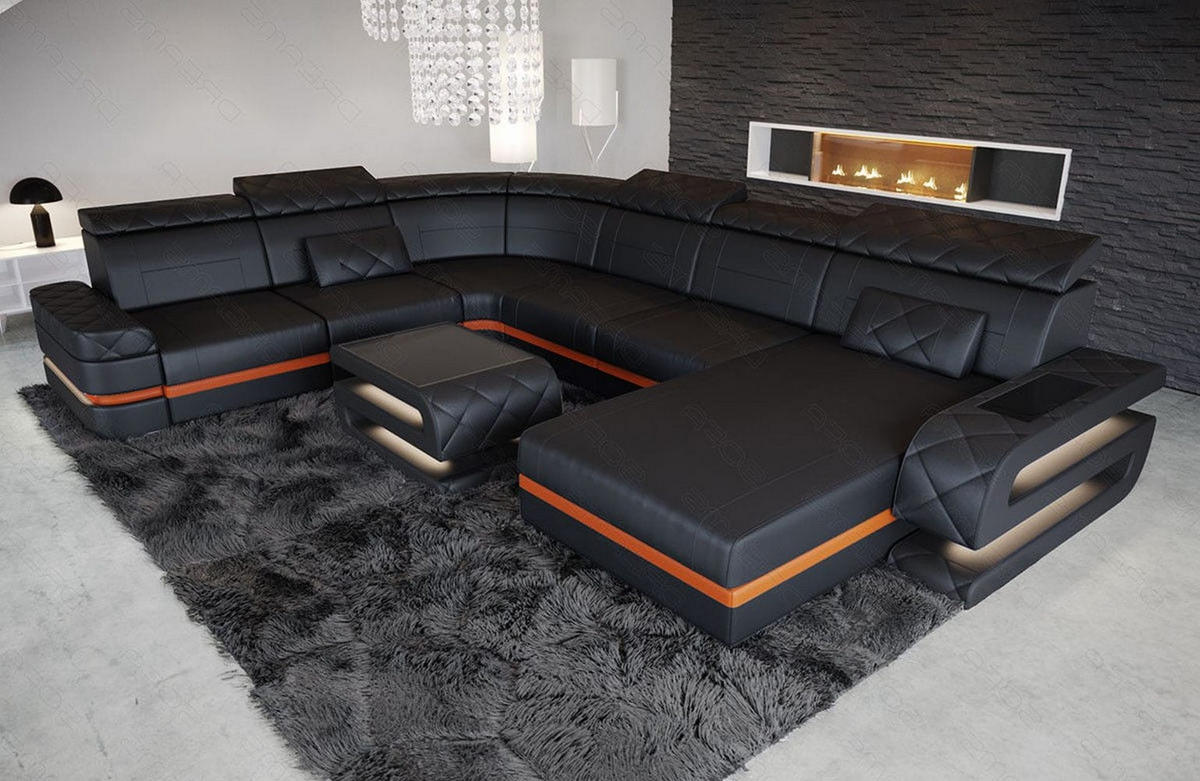 WOHNLANDSCHAFT Bologna Schwarz Orange Büffelleder - Schwarz, Leder (397/89/299cm)