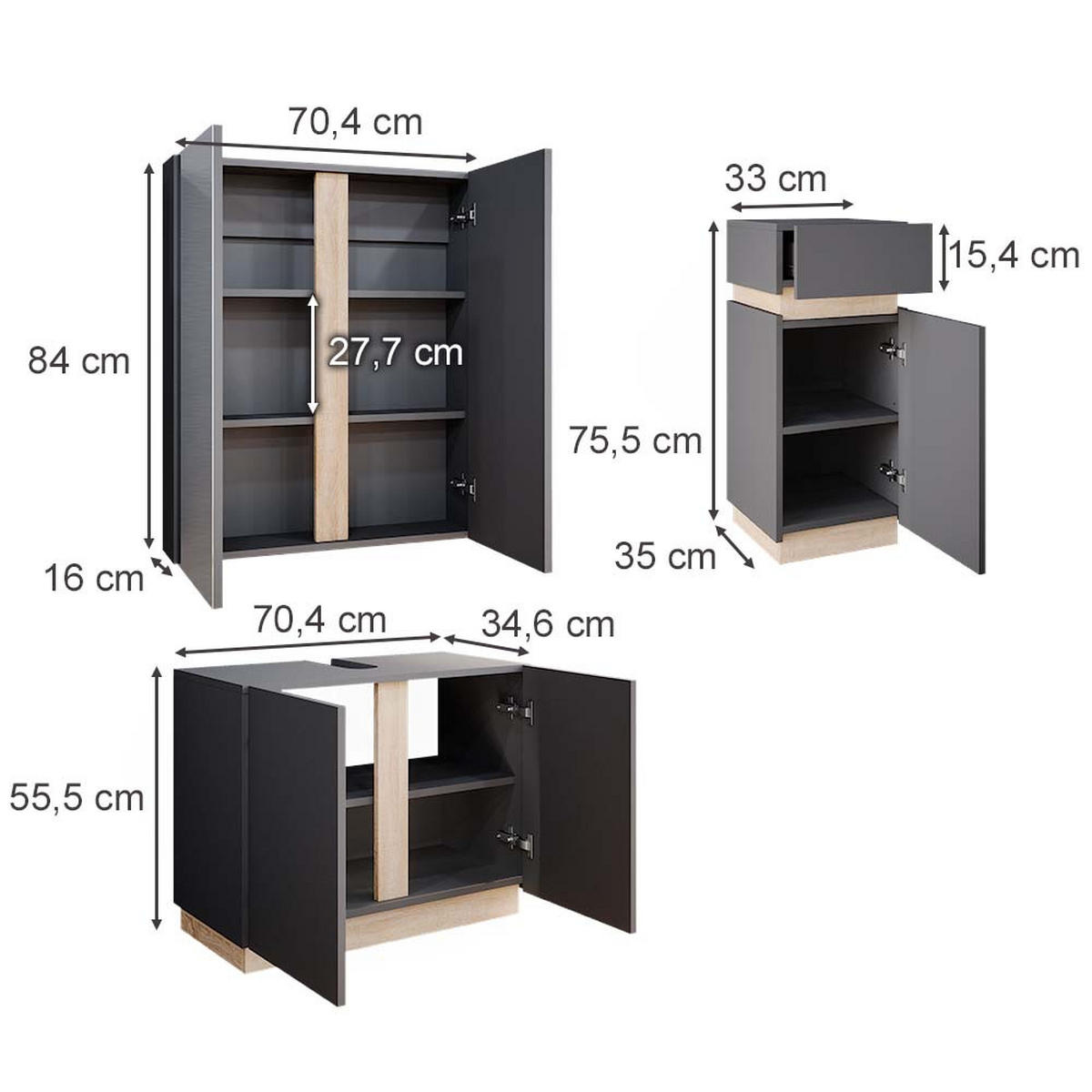 BADMÖBEL-SET Gloria Anthrazit 3 Teile, mit Midischrank - Anthrazit/Sonoma Eiche, Holzwerkstoff (70/55/34cm) - Vicco