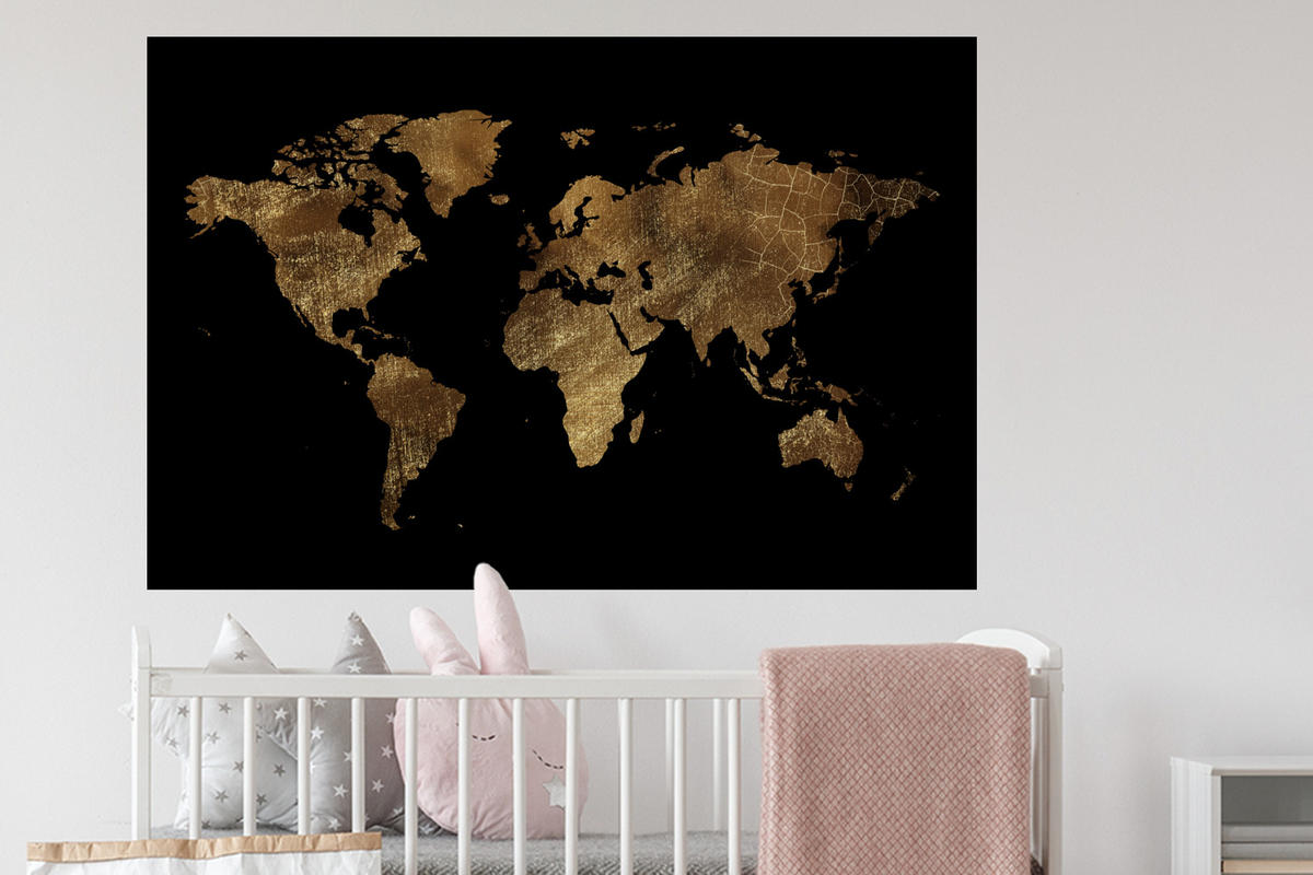WANDTATTOO Weltkarte - Gold - Luxus - Erde - Schwarz 120x80 cm - Goldfarben, Kunststoff (120/80/0.1cm) - MuchoWow