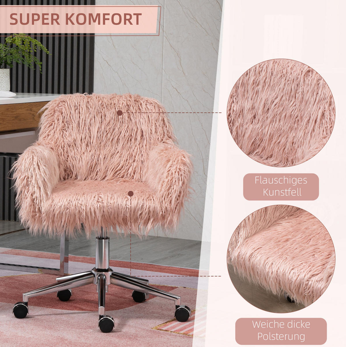 DREHSTUHL 60/57/75-85 cm pink aus Nylon höhenverstellbar - Pink, Kunststoff (60/85/57cm) - OKWISH