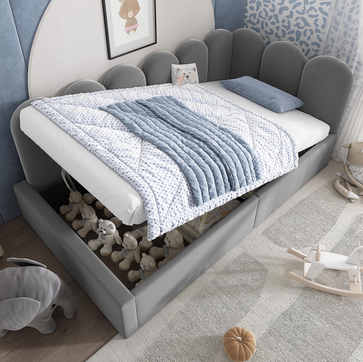 KINDERBETT Polsterbett 90/190 cm aus Samt mit hydraulischem Stauraum Grau - Grau, Textil (90/190cm) - Modenvie