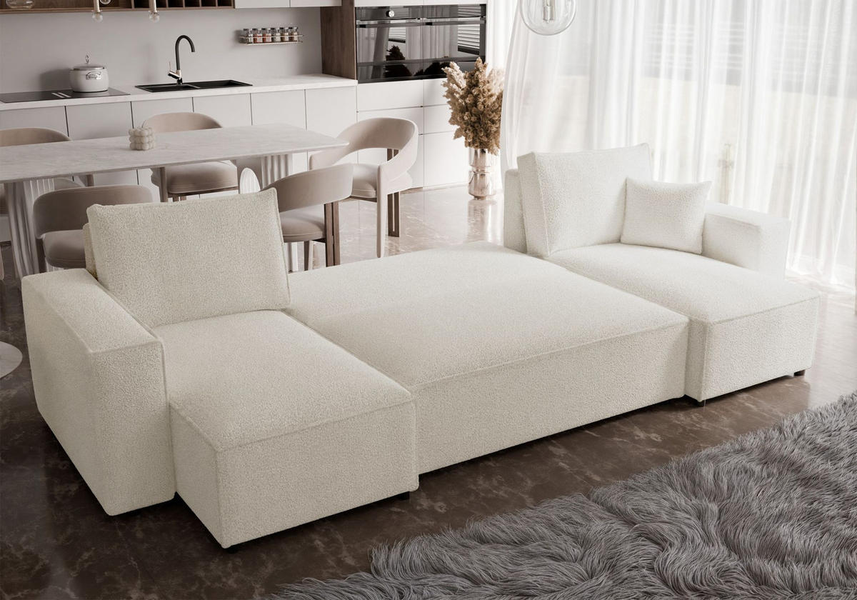 WOHNLANDSCHAFT Scarlo Creme Bouclé-Bezug - Creme/Schwarz, Kunststoff/Textil (312/83/145cm) - Selsey