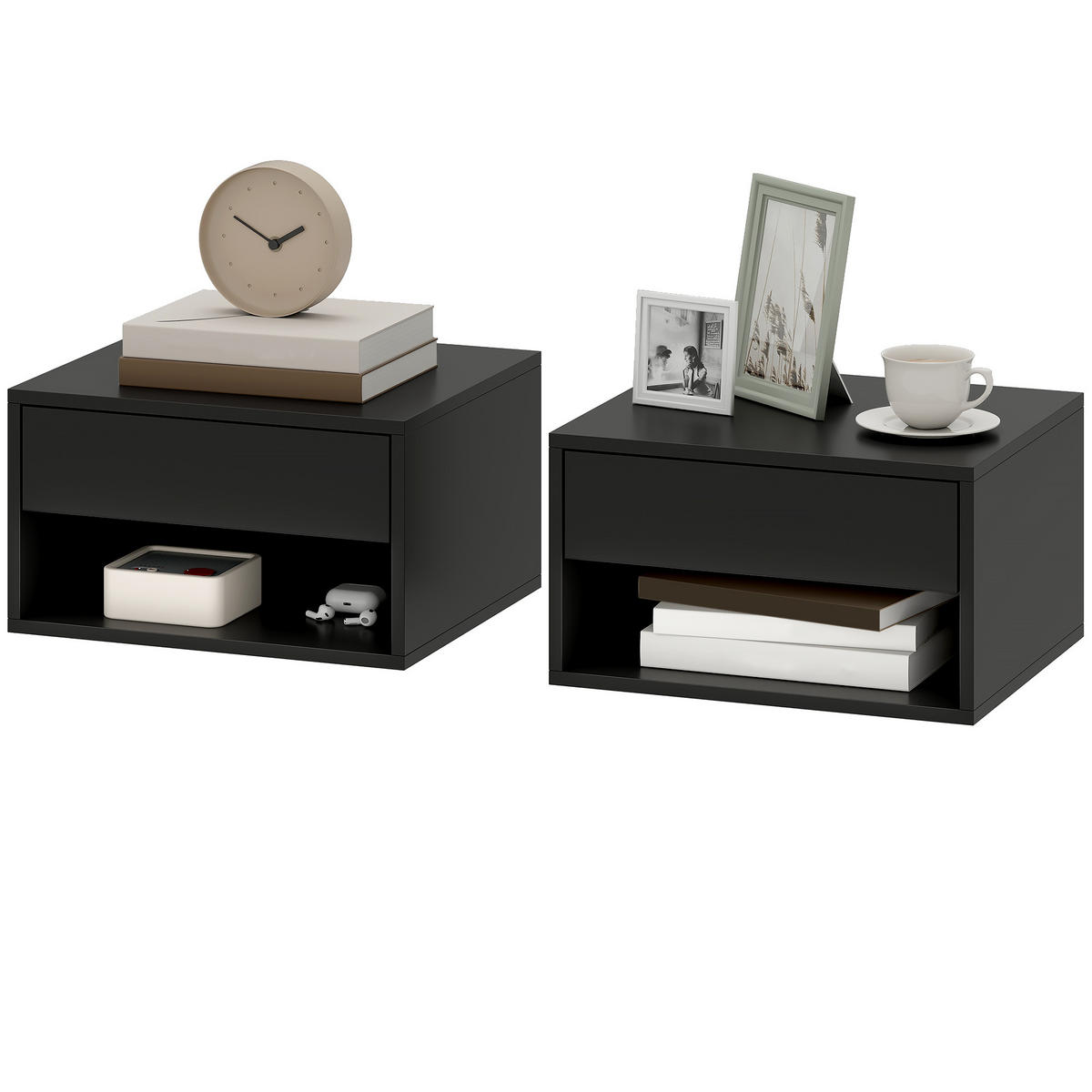 NACHTSCHRANK 2er-Set DE-12929 Schublade und offenes Fach Schwarz - Schwarz, Holzwerkstoff (32/21/37cm) - ComfortXL