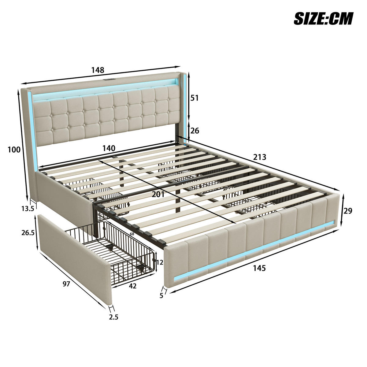 POLSTERBETT 140x200 cm mit 4 Schublade, Doppelbett 140x200 cm mit LED und USB, Lattenrost, Bett 140x200, Beige Leinenstoff - Beige, Holzwerkstoff/Textil (140/200cm) - GENKI LIVING
