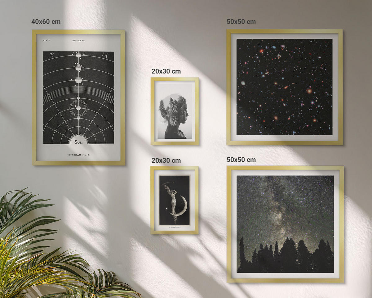 WANDBILDER 5er Set - 50x50 cm & 20x30 cm & 40x60 cm Goldrahmen - Galaxie im Sonnensystem - Goldfarben, Kunststoff (40/60cm) - ArtPrintCave