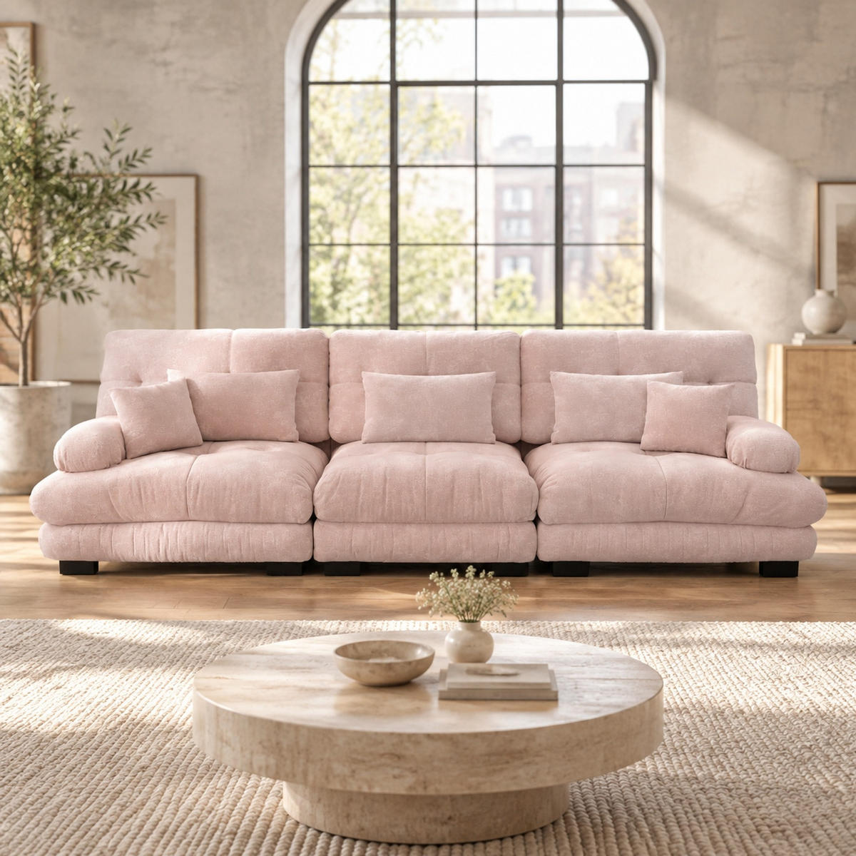 MODULARES Ecksofa aus Chenille in Pink 77x313x81 cm mit tiefem Sitz und Kissen - Pink, Textil (313/77cm) - IVMEU