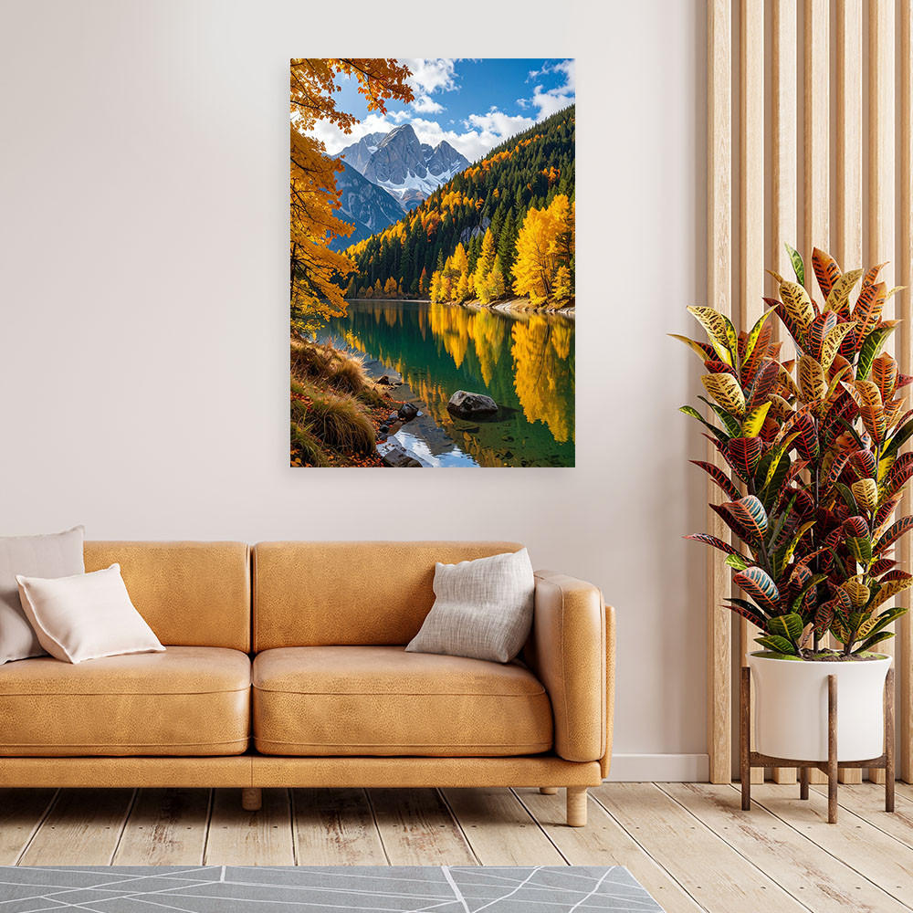 LEINWANDBILD Herbstlandschaft See Berge Natur 80x120cm - Gelb, Textil (80/120cm) - Feeby