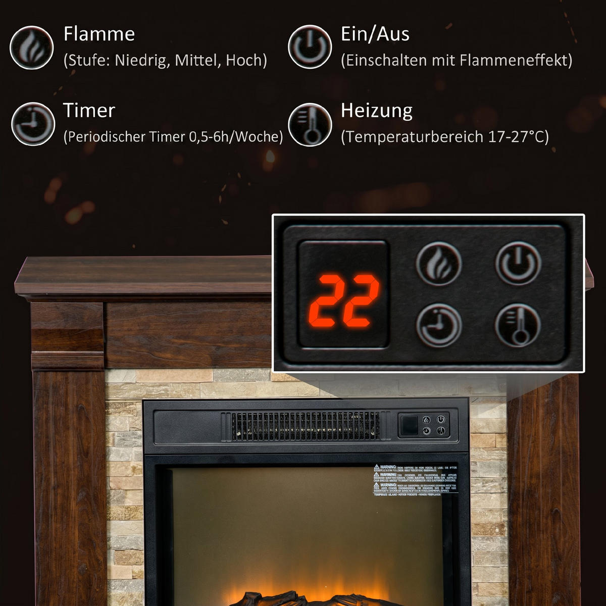 ELEKTROKAMIN Metall Kaffee-Braun - Braun, Holzwerkstoff (21.6/67.8/80cm) - HOMCOM