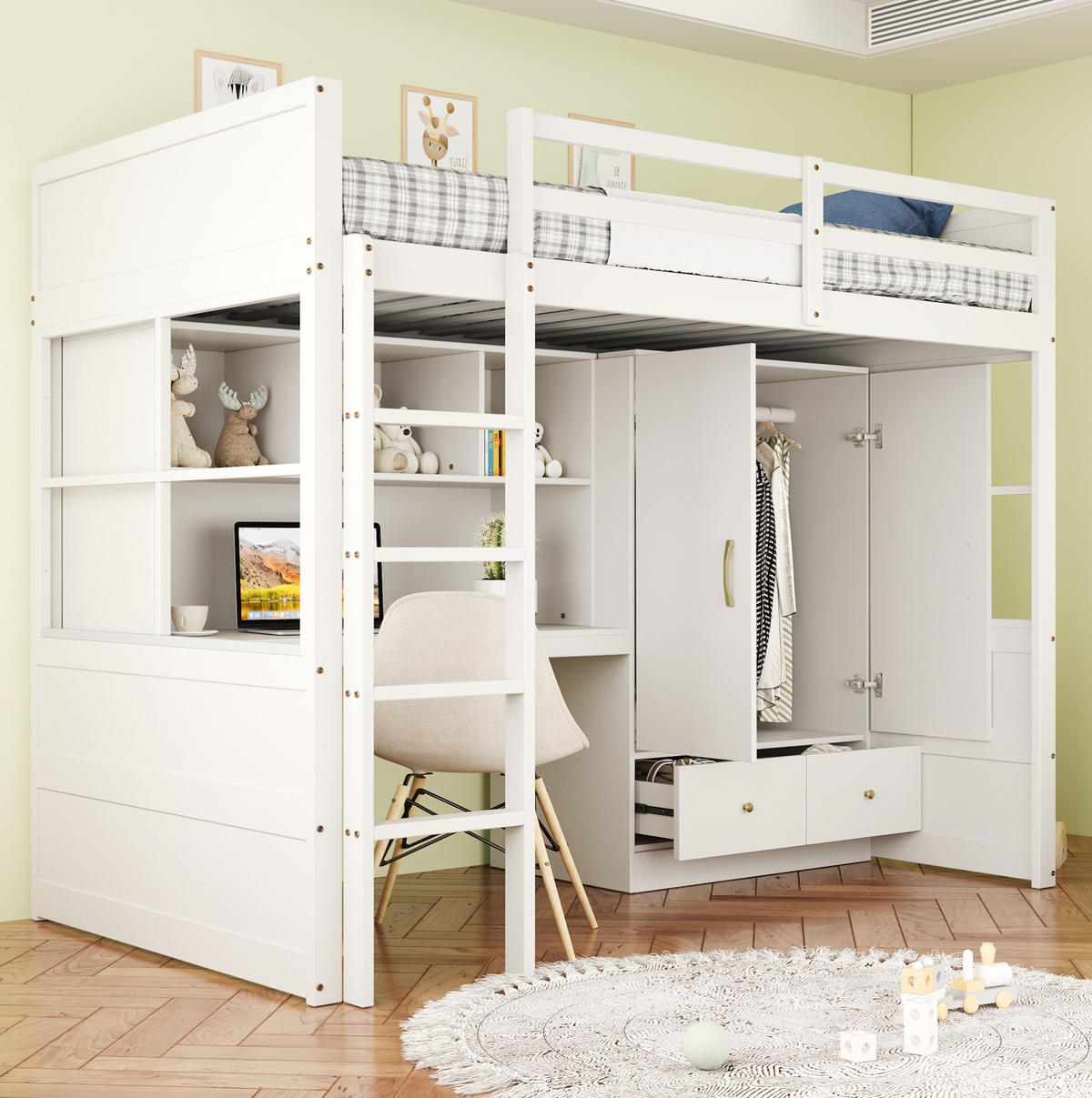 HOCHBETT 90/200 cm in Weiß mit Schreibtisch, Kleiderschrank und Schubladen - Weiß, Holzwerkstoff (90/200cm) - Flora Grace