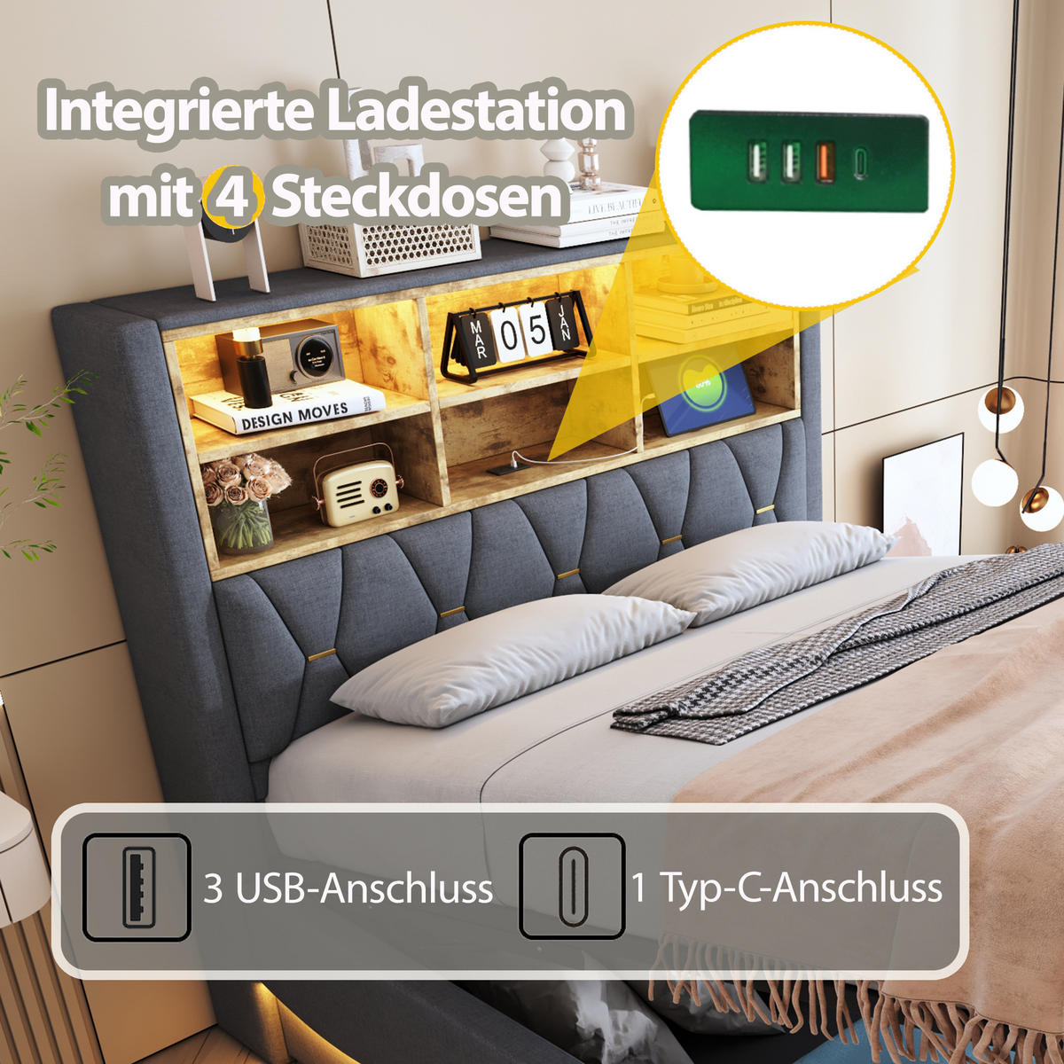 POLSTERBETT 140/200 cm Grau aus Leinen mit LED-Beleuchtung und Stauraum - Grau, Metall (140/200cm) - OKMYHOME