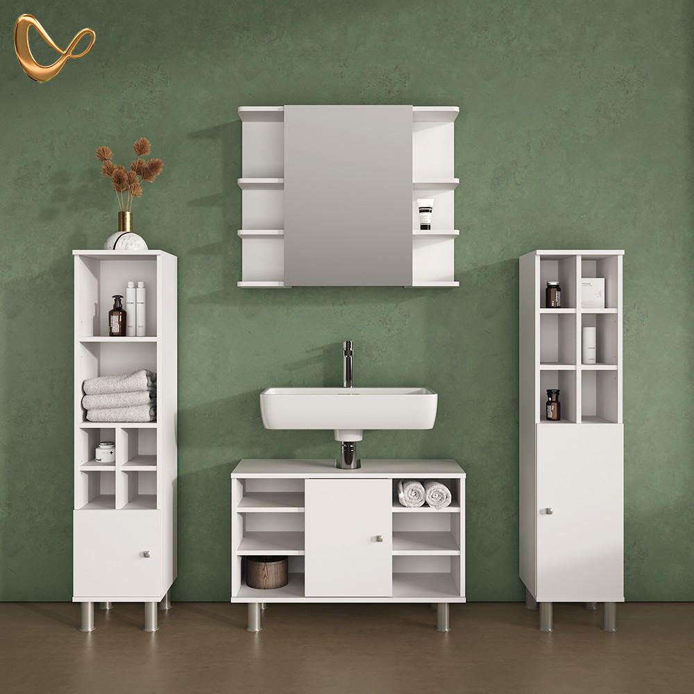 BADMÖBEL-SET Fucino Weiß 4 Teile, mit Midischränke - Weiß, Holzwerkstoff (80/130/32cm) - Livinity®