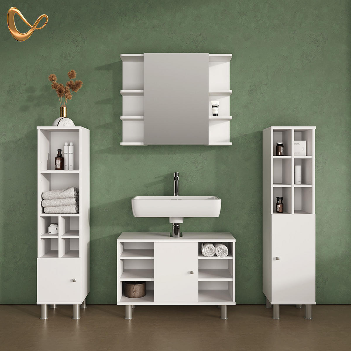 BADMÖBEL-SET Fucino Weiß 4 Teile, mit Midischränke - Weiß, Holzwerkstoff (80/130/32cm) - Livinity®