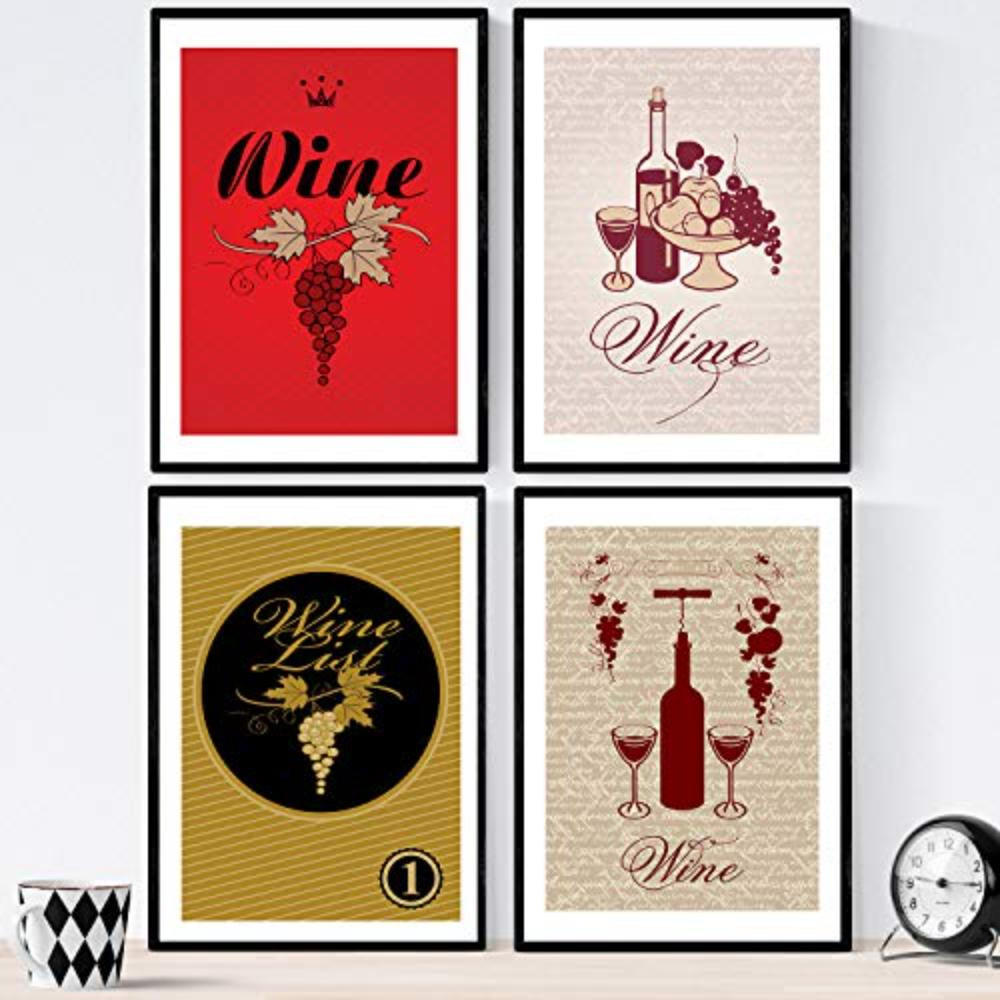 POSTER Set mit 4 Wein und Weinkeller 1 Jahrgang A3 Schwarzer Rahmen - Schwarz, Papier (29.7/3cm) - Nacnic