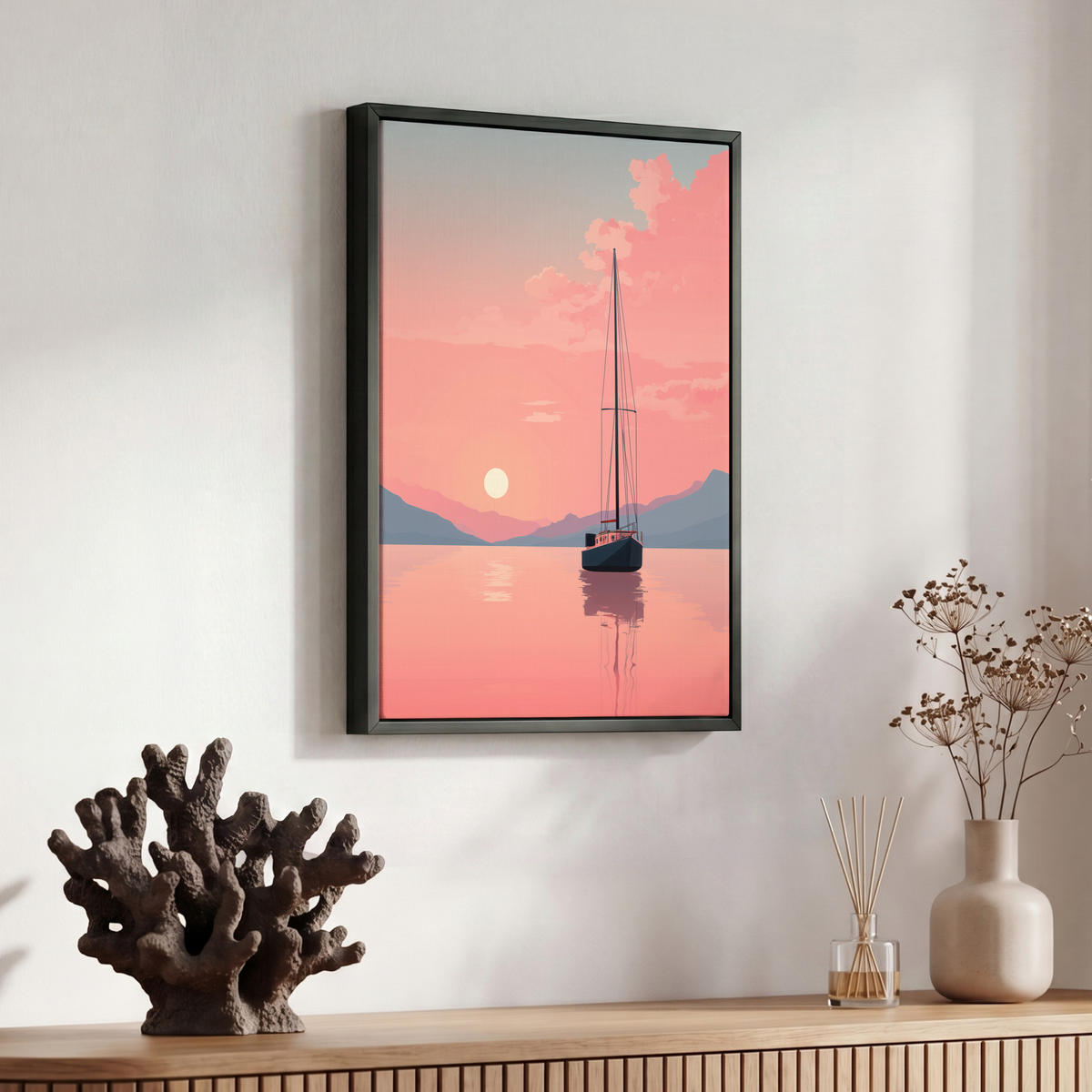 LEINWAND Bilder mit Rahmen - Segelboot - Rosa Meer - Sonnenuntergang - Berge - 30x40 - Rosa, Textil (30/40cm) - MuchoWow