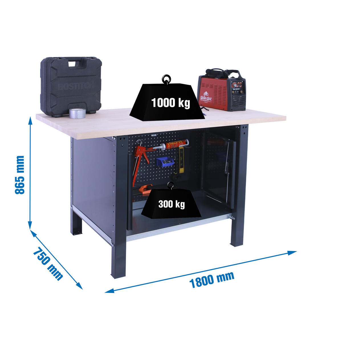 WERKBANK Buffalo Wood mit Schrank HxBxT 86,5 x 180 x 75 cm Traglast 1000 kg Anthrazit - Anthrazit, Metall (180/86.5/75cm) - PROREGAL