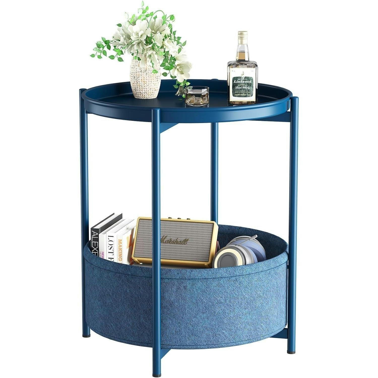 BEISTELLTISCH mit Stoffkorb Blau 44.5 x 52.1 cm - Blau, Metall (44.3/44.3/52cm)