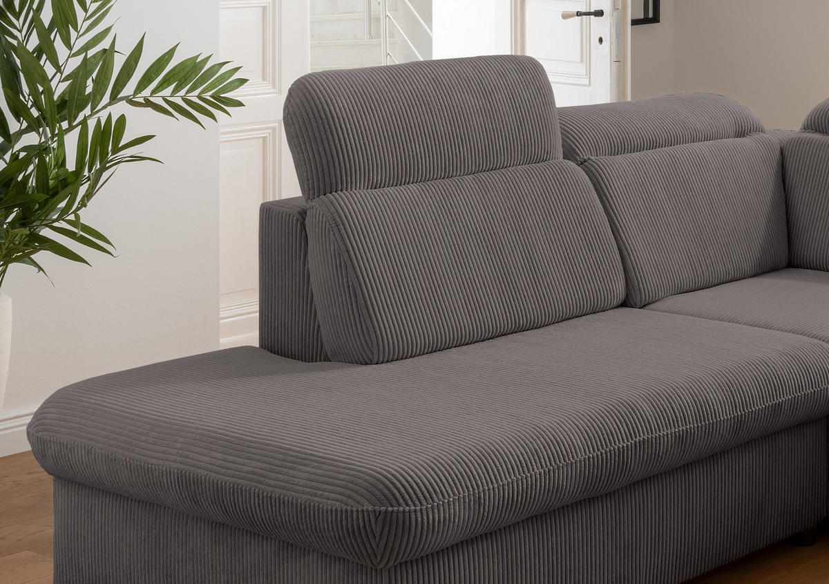 ECKSOFA mit Schlaffunktion, Bettkasten, Kopfstützen verstellbar, Wellenunterfederung, Ottomane links B283/T228/H102 cm, Cord Grau Anthrazit / 17219 - Chromfarben/Schieferfarben, Textil/Metall (283/228cm) - luma-home